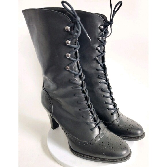 White Mountain Victorian Leather Block Heel Lace Up Mid-Calf Boots